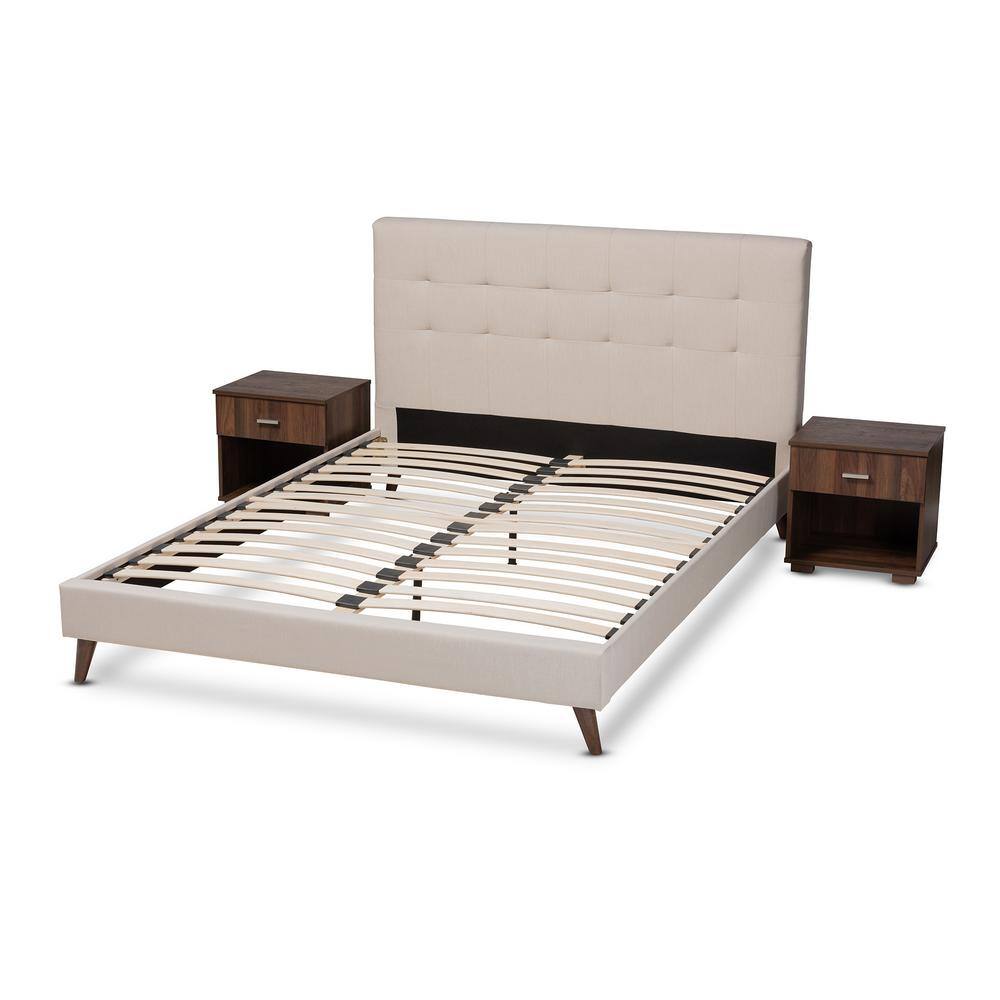 Maren Mid-Century Beige Fabric Queen Platform Bed with Nightstands