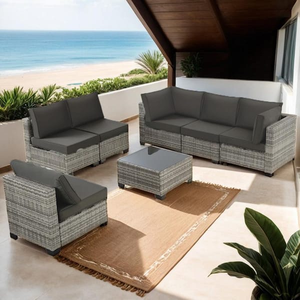 JUSKYS All-Weather 7-Piece Mix-Gray PE Wicker Patio Conversation Furniture Set with Iron Gray Cushions