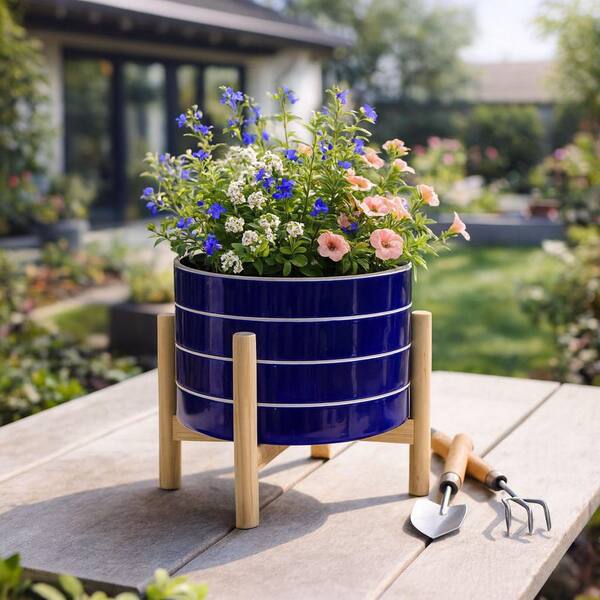 Liv & Skye Navy Ceramic Striped Planter (8 in. W x 6 in. H) with