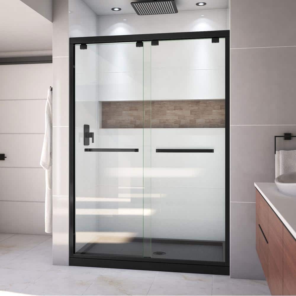 Encore 32 in. D x 54 in. W x 78.75 in. H Semi-Frameless Sliding Shower Door in Matte Black with Center Drain Black Base price history on PriceWatchPro
