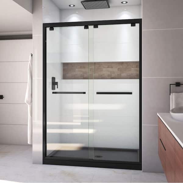 DreamLine Encore 32 in. D x 54 in. W x 78.75 in. H Semi-Frameless Sliding Shower Door in Matte Black with Center Drain Black Base