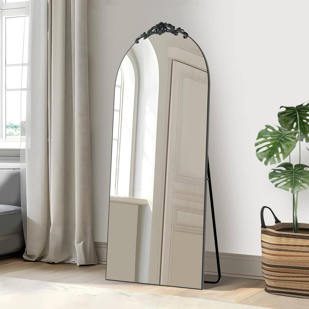 70 in. x 27 in. Modern Arched Framed Full-Length Leaning Mirror Black Overs