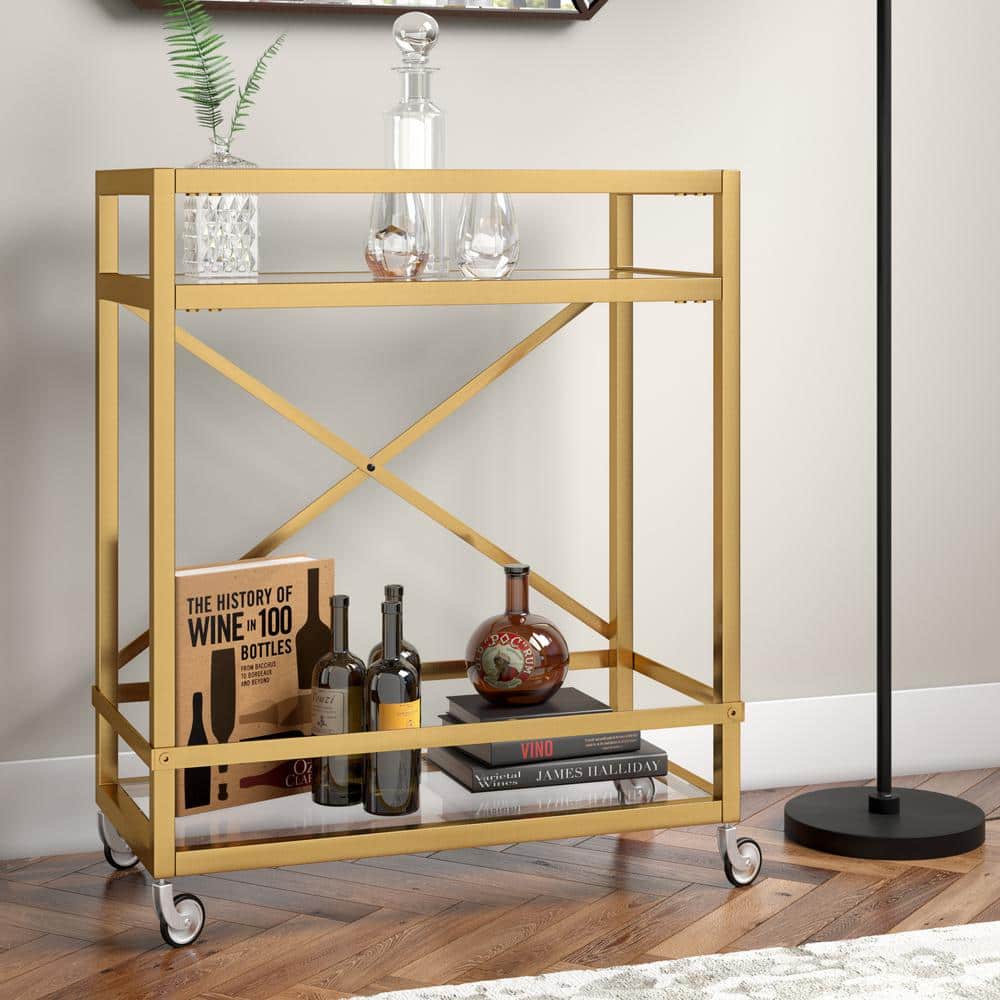 Modern Gold Metal 2-Tier Bar Cart with Glass Shelves and Storage