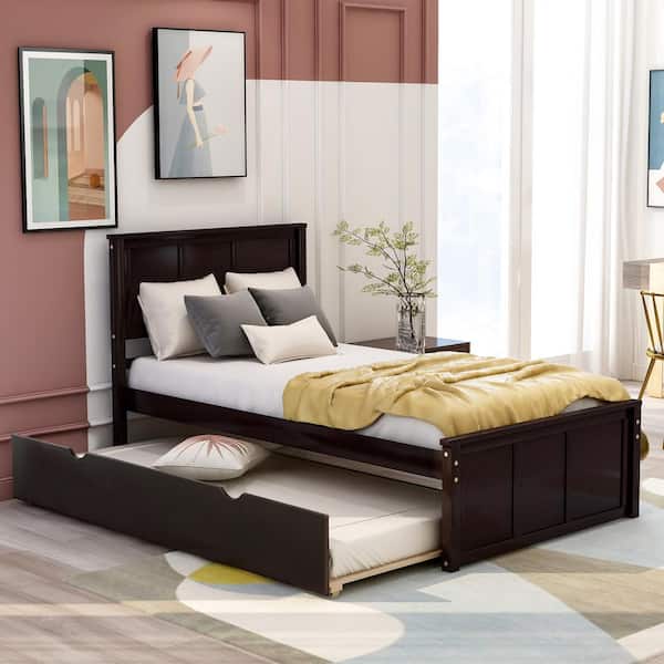 Polibi Dark Brown Wood Frame Twin Size Platform Bed with Twin Size Trundle