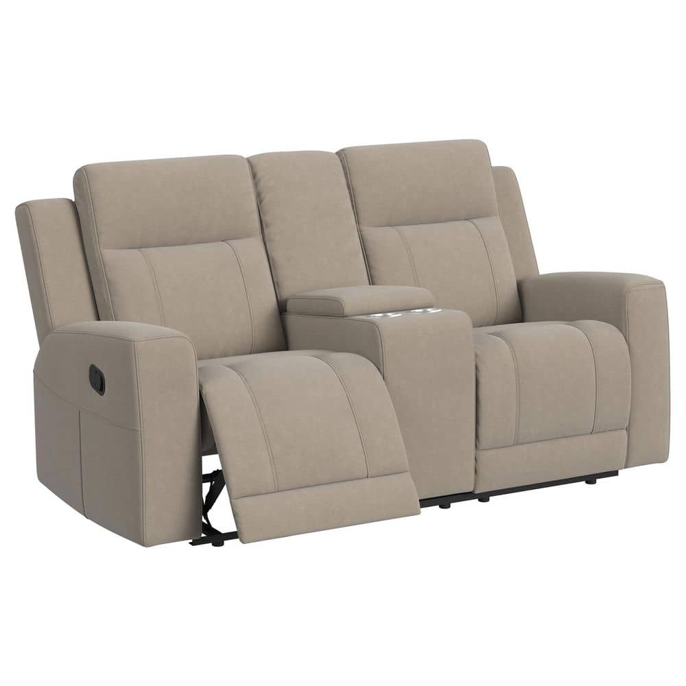 Front view of a taupe leatherette recliner loveseat with one seat reclined.