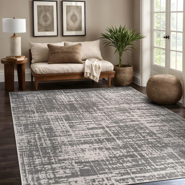 Atlas Gray 8 ft. x 10 ft. Rubber Back Washable Modern Canvas Indoor Outdoor Area Rug