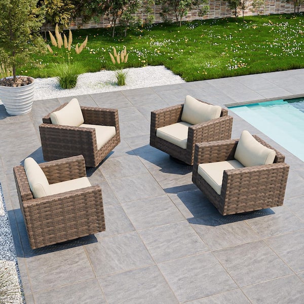 All-Weather Wicker Swivel Outdoor Rocking Chair with Wide Armrest and Beige Cushions (4-Piece)