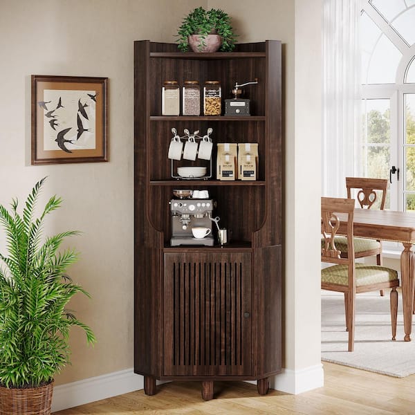 BYBLIGHT Dark Walnut Brown 68 in. H Corner Storage Cabinet, Farmhouse Kitchen Storage Cabinet with Doors and Shelves