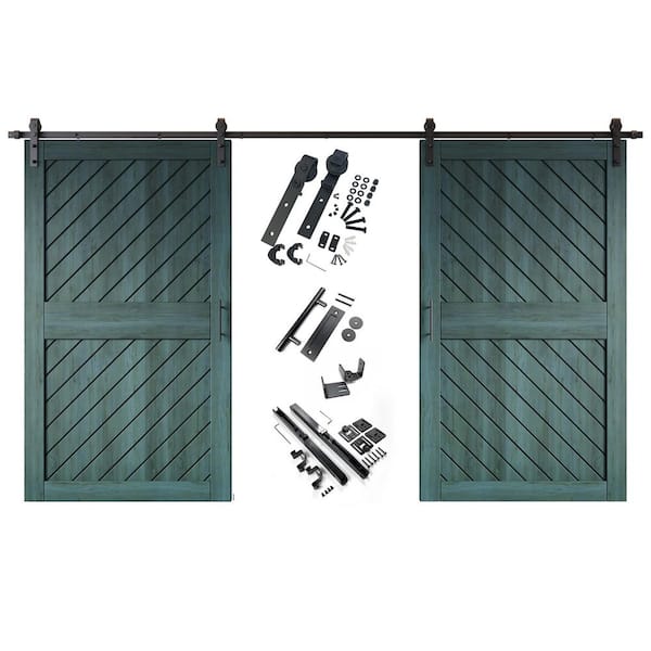 HOMACER XT1 50 in. x 84 in. C-Panel Royal Pine Slanted Stripe Design Double Pine Wood Sliding Barn Door with Hardware Kit