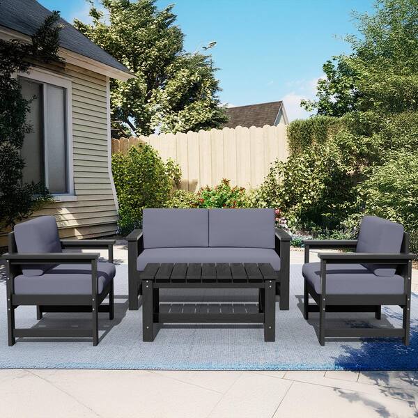 JEAREY Grey 4-Piece HDPE Plastic Patio Conversation Set with Grey Cushions