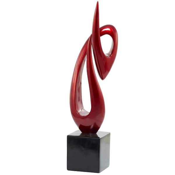 Litton Lane 9 in. x 39 in. Red Polystone Swirl Abstract Sculpture with Black Base
