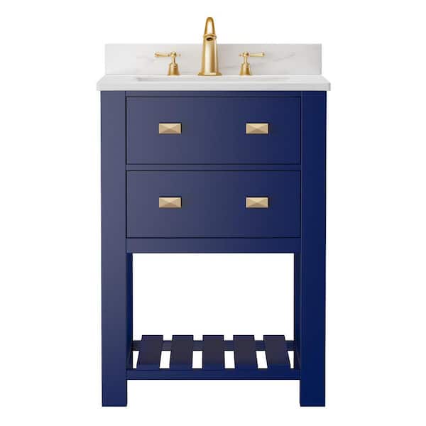Zeafive 24 in. W x 19 in. D x 34. in. H Single Sink Freestanding Bath Vanity in Navy Blue with White Granite Top and Open Shelf