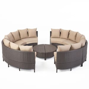 Newton Dark Brown 10-Piece Faux Rattan Outdoor Patio Sectional Set with Taupe Cushions