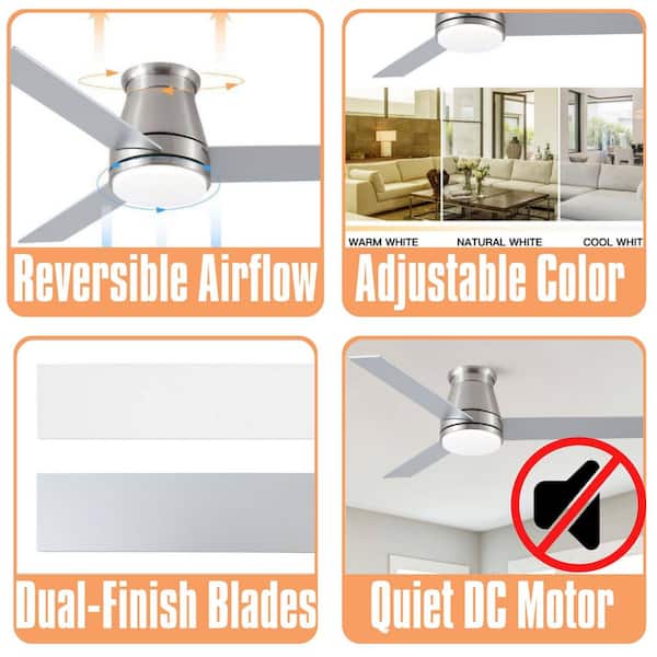 48 in. Brushed Nickel Low Profile Flush Mount Ceiling Fan with Integrated LED Light Included and Remote