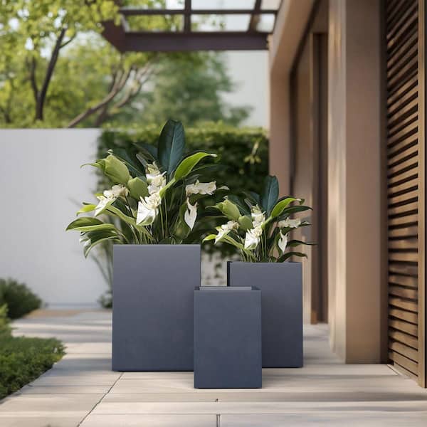 Modern 13 in. 16 in. 19in. High Large Tall Elongated Square Granite Gray Outdoor Cement Planter Plant Pots (Set of 3)