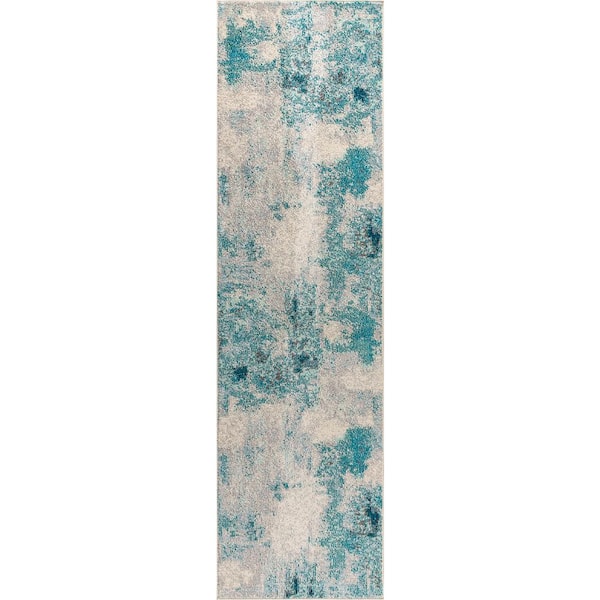 Contemporary Cream/Blue 2 ft. x 16 ft. Pop Modern Abstract Vintage Runner Rug