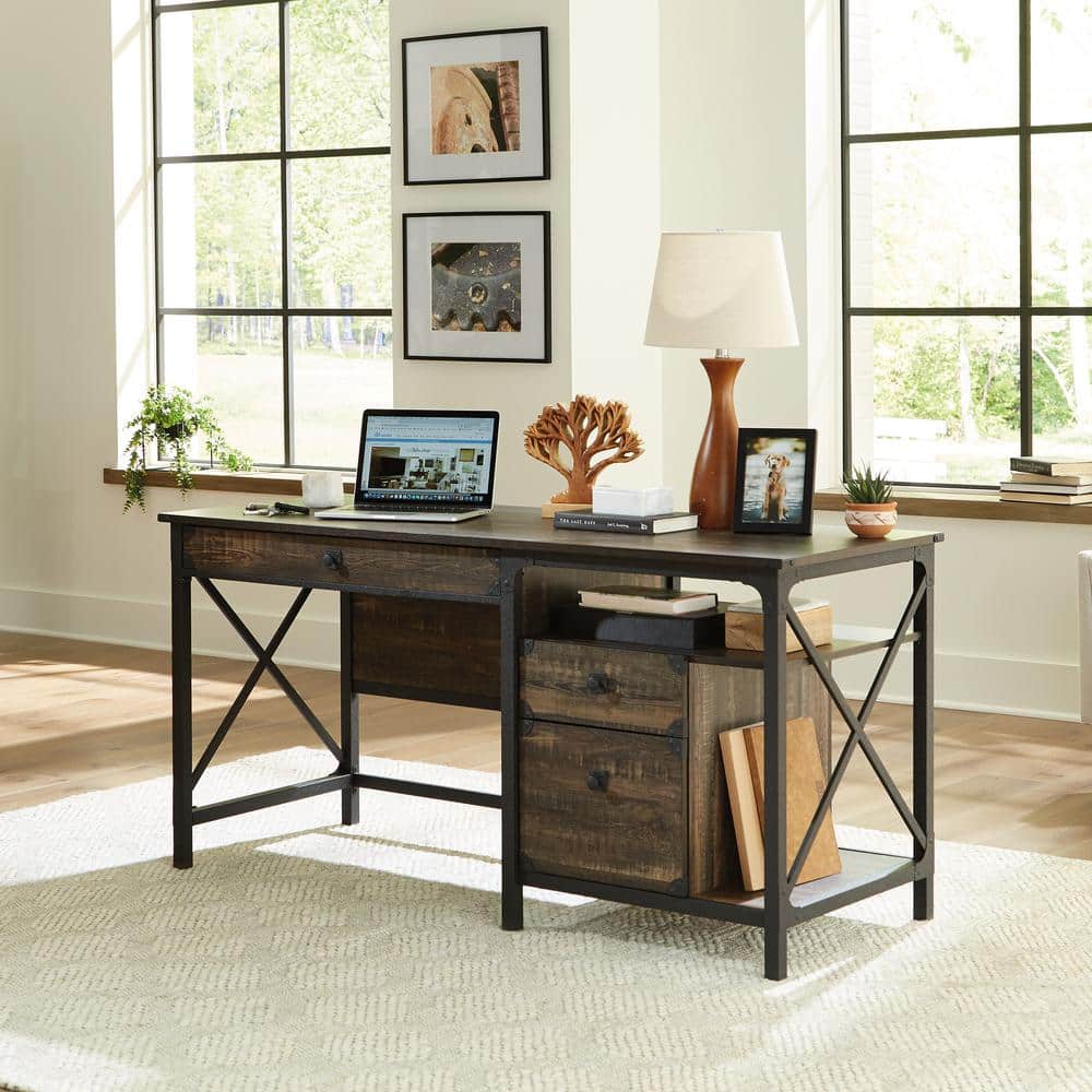 Brown Wood Computer Desk with Drawer and Filing Cabinet