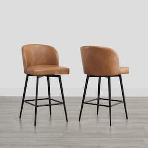 Cynthia 27 in. Cognac Brown High Back Metal Swivel Counter Stool with Faux Leather Seat (Set of 2)