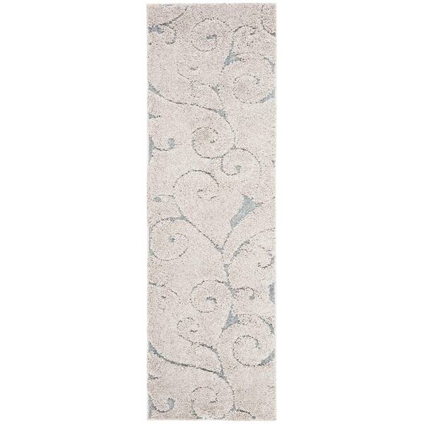 Florida Shag 2 ft. x 19 ft. Beige/Blue Gray Scroll Runner Rug