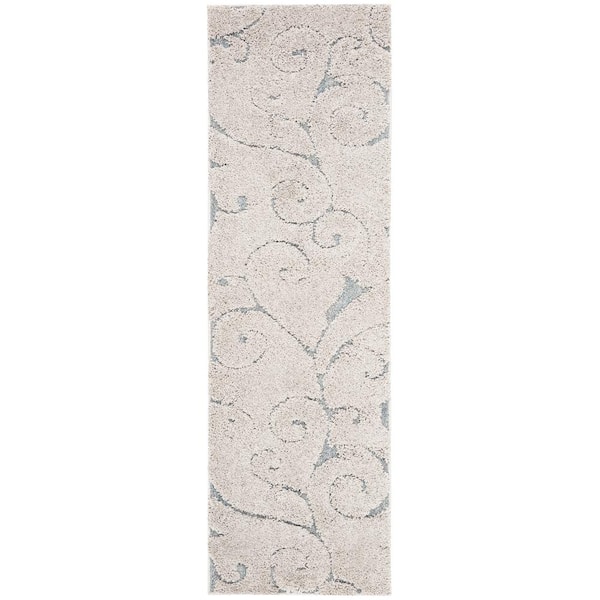 Florida Shag 2 ft. x 19 ft. Beige/Blue Gray Scroll Runner Rug