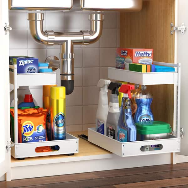 Sorbus Under Sink Organizer with Sliding Tracks and Adhesive Tape, White Metal Pull-Out Organizer, 2-Tier Sink Storage 2-Pack