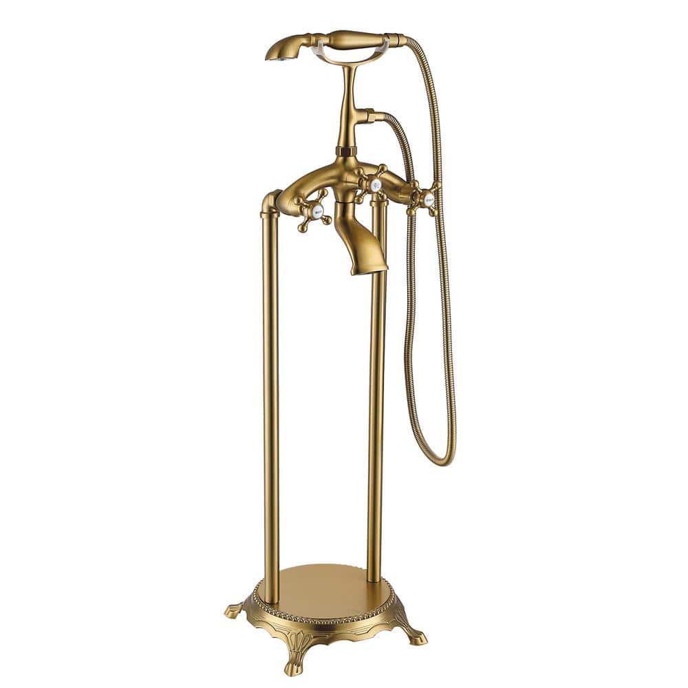 3-Handle Claw Foot Freestanding Tub Faucet with Hand Shower in Brushed Gold