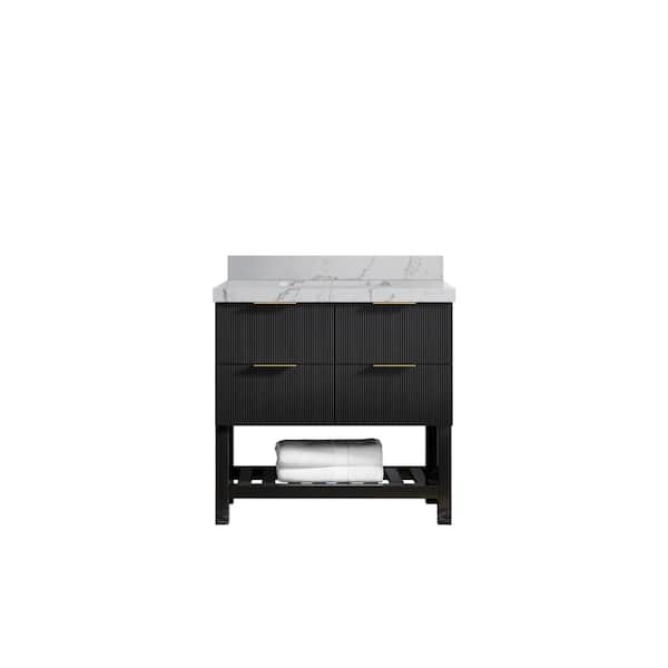 Willow Collections Catalina 36 in. W x 22 in. D x 36 in. H Center Sink Bath Vanity in Black with 2 in. Venatino Qt. Top