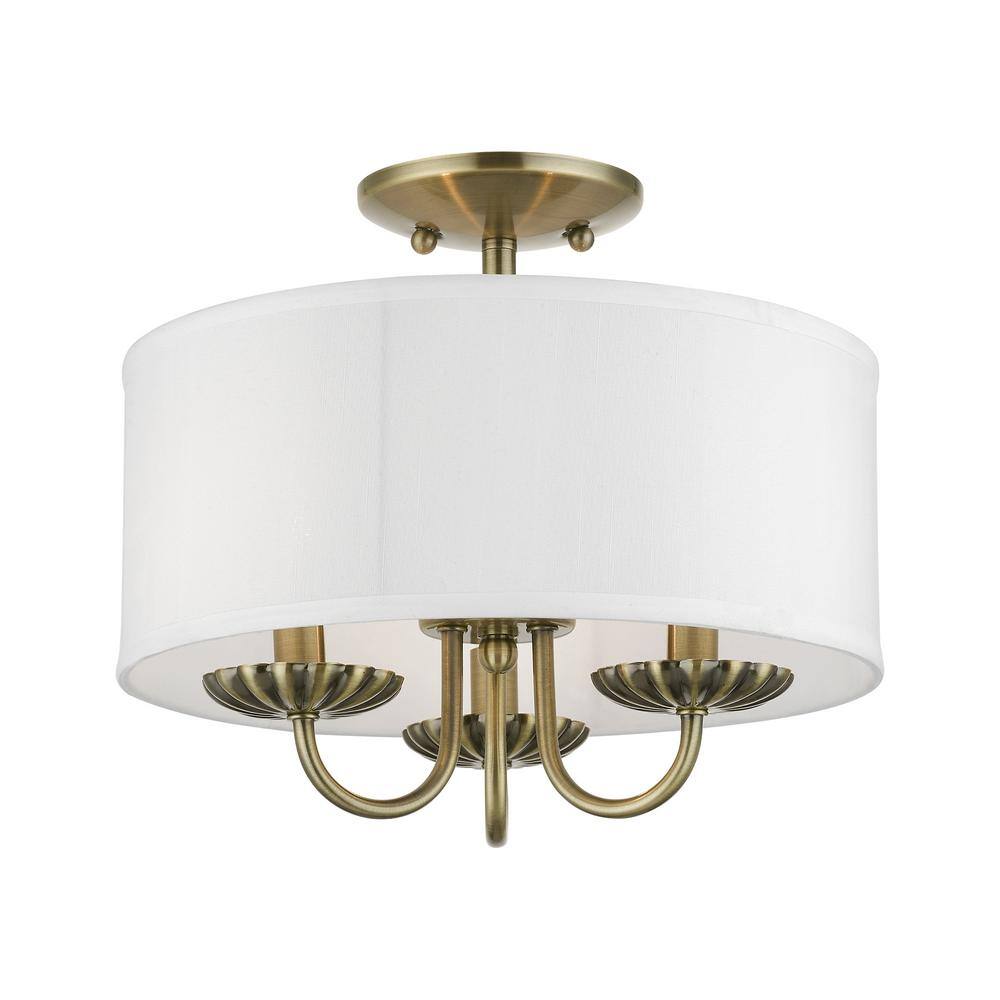 Antique Brass 13" Semi-Flush Mount with Off-White Drum Shade