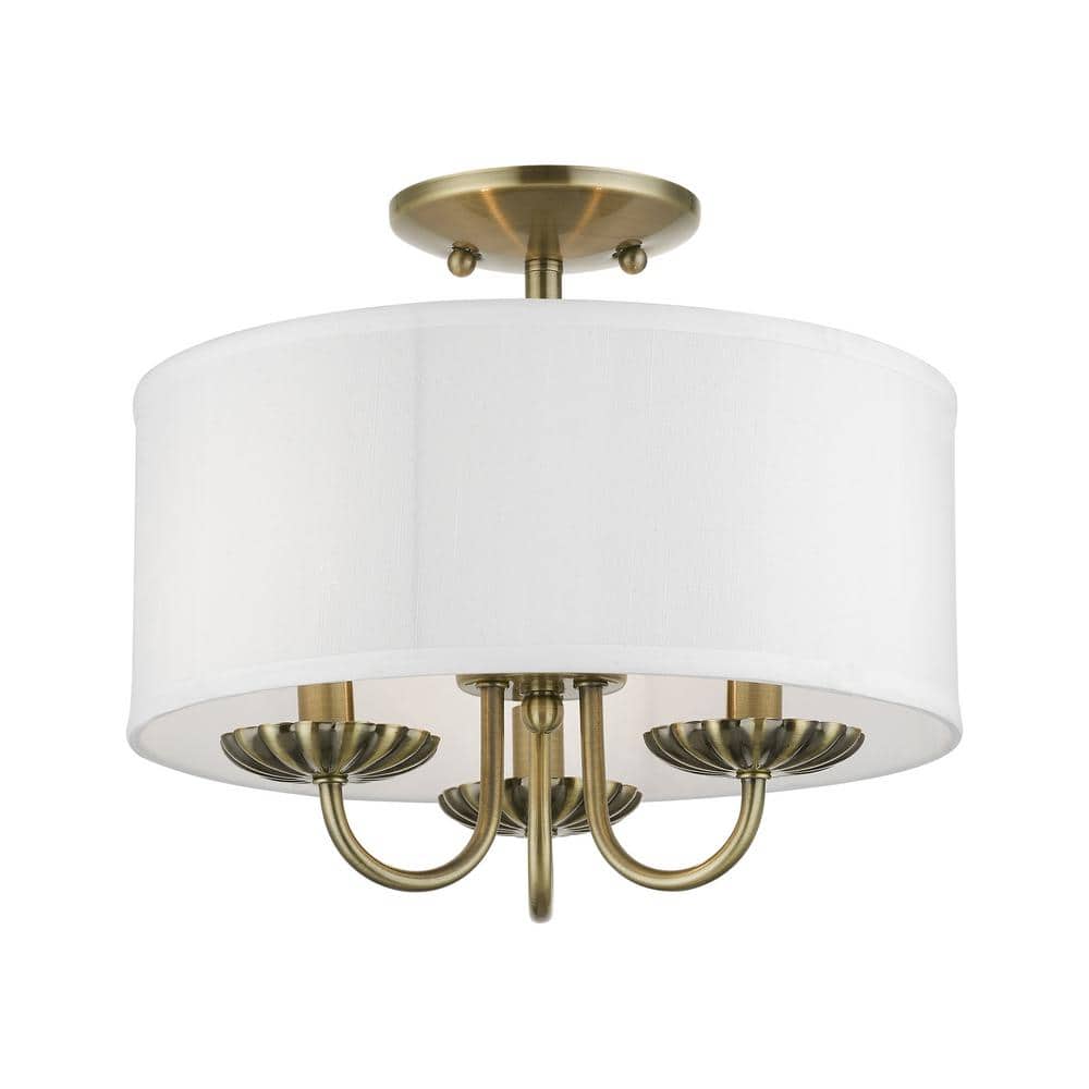 Antique Brass 13" Semi-Flush Mount with Off-White Drum Shade