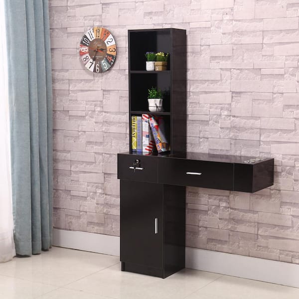 Wall-Mounted Salon Station, Barber Cabinet w/Locking Drawer,Dryer Holder,Beauty Storage Table iYofe Color: Black
