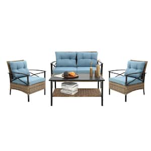 4-Piece Wicker Patio Conversation Sofa Set Rattan Sectional Seating Set with Steel Frame and Blue Cushions
