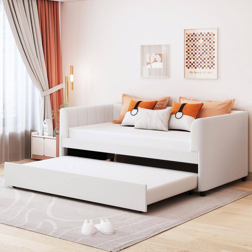Beige Twin Upholstered Daybed with Ergonomic Design Backrest and Trundle price history on PriceWatchPro