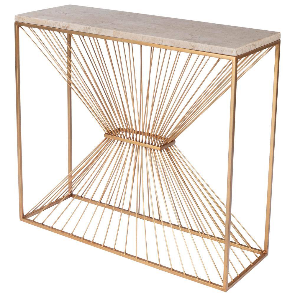 Cosmo Cream Fossil Stone and Gold Metal Console Table