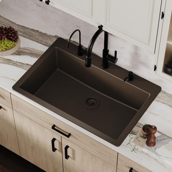 Brown Quartz/Granite 33 in. Large Single Bowl Drop-In Kitchen Sink