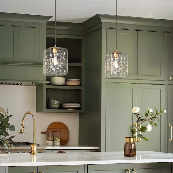 Modern 1-Light Dark Gold Kitchen Island Pendant Light with Cube Water-Rippled Glass Shade, Contemporary Hanging Lamp