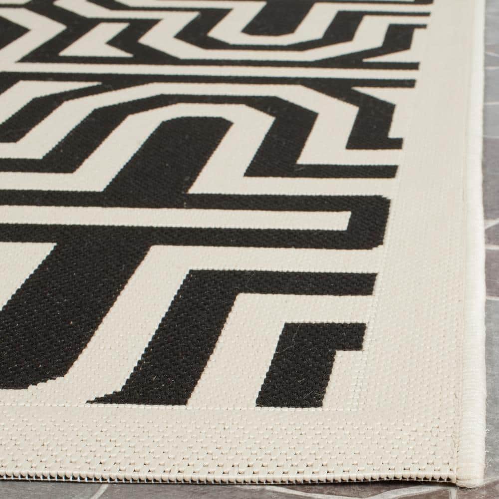 Beige and Black Geometric Flat Woven Outdoor Runner
