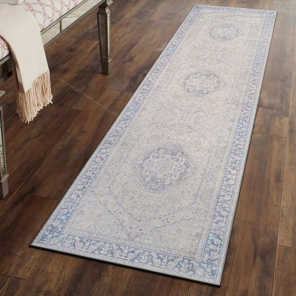 Valora Medallion Machine Washable Blue 2 ft. 6 in. x 8 ft. Runner Rug