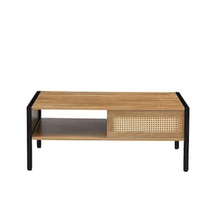 40.16" Rattan Coffee table, sliding door for storage, metal legs, Modern table for living room