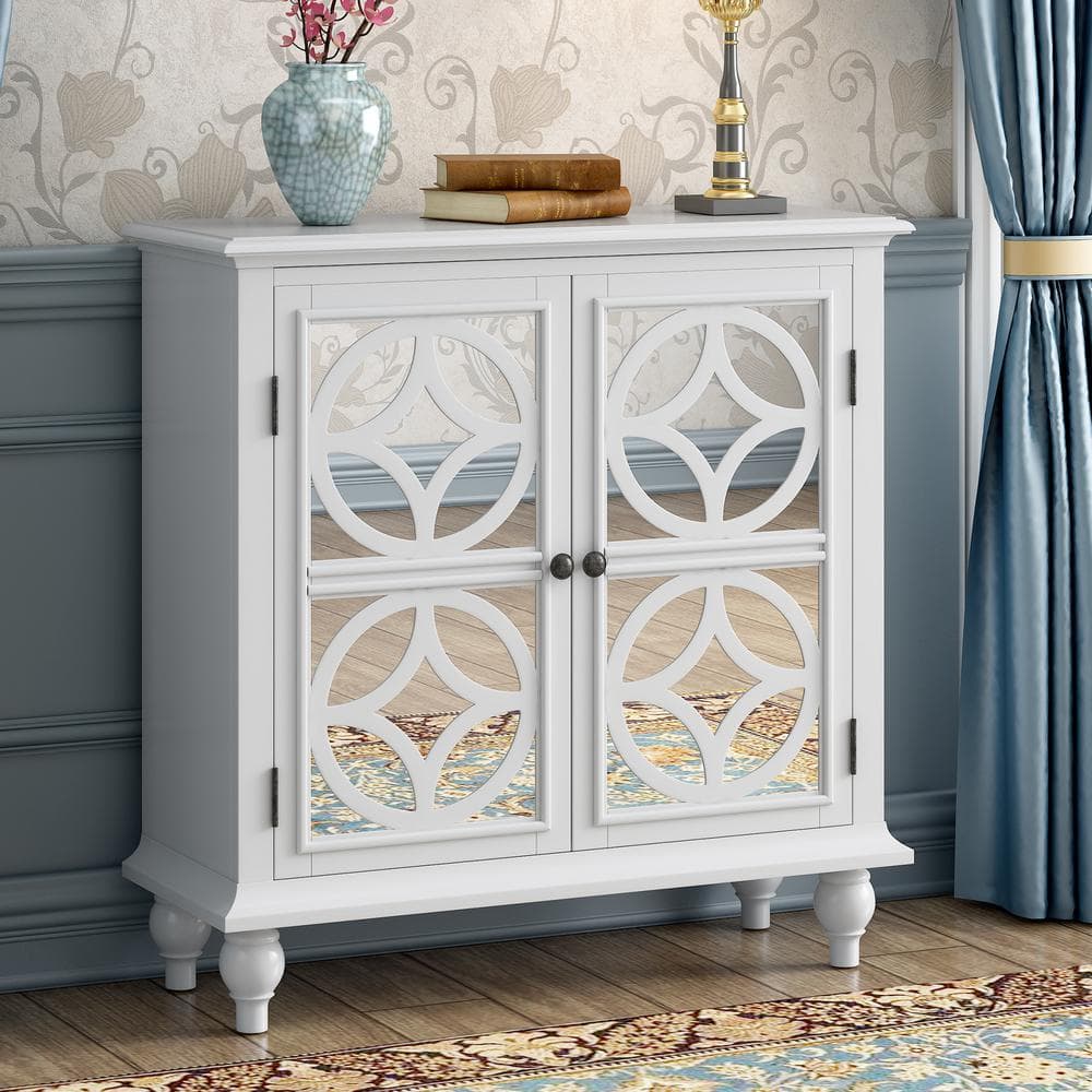 URTR White Wood Sideboard Storage Cabinet with Mirrored Doors and ...