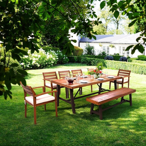 Unbranded 7-Piece Nature Wood Outdoor Dining Set with Ergonomic Chairs, Bench, and Thick Table - Seats 7 with Beige Cushions