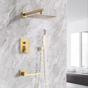 10 in. Shower Head 2-Handle 1-Spray Square High Pressure Shower Faucet with Tub Spout in Gold Color (Valve Included)