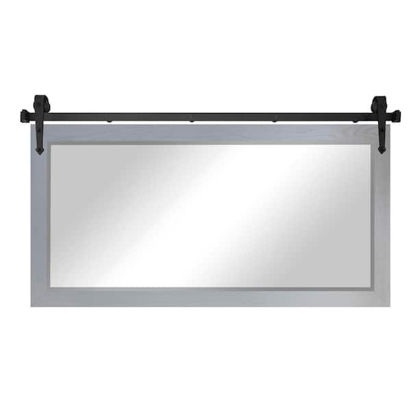 Rayne Mirrors (66 in. W x 32 in. H) Grey Oak Hardwood Beveled Mirror with Steel Barndoor Rail