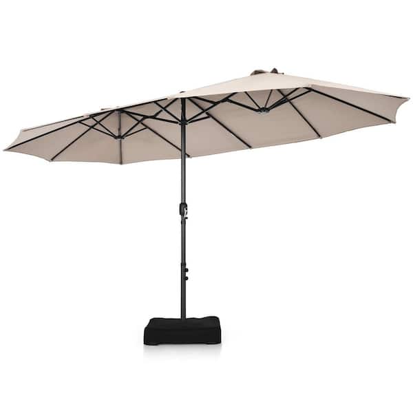 Costway 15 ft. Steel Market Double-Sided Twin Patio Umbrella Sun Shade Outdoor in Beige