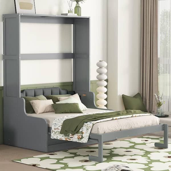 Gray Wood Frame Queen Size Murphy Bed with Cushion