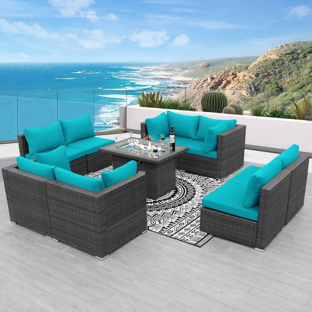 9-Pieces Gray Wicker Outdoor Sectionals Patio Furniture Set Conversation Se