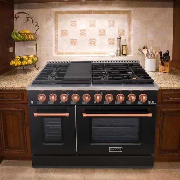 48in. 8 Burners Freestanding Gas Range in Black and Copper with Convection Fan Cast Iron Grates and Black Enamel Top