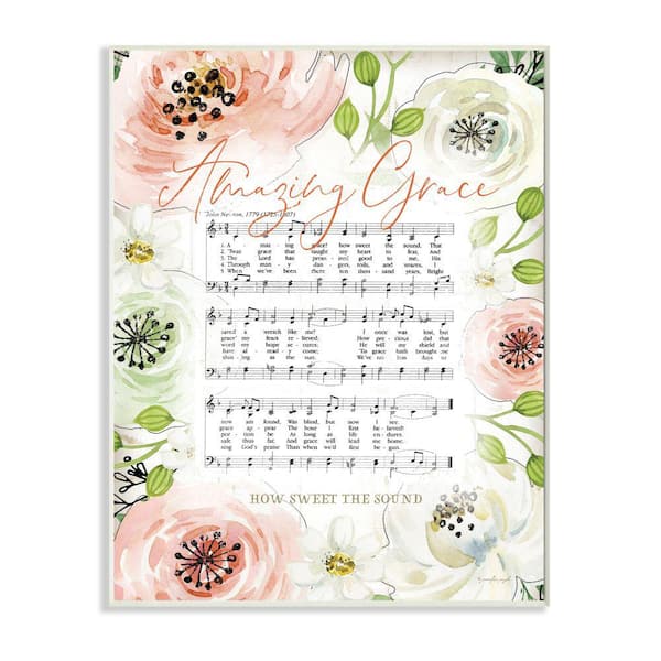 Stupell Industries "Amazing Grace Floral Sheet Flower Americana" by Jennifer Pugh Unframed Religious Wood Wall Art Print 10 in. x 15 in.