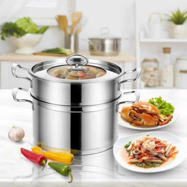 Bunpeony 2-Tier 6.2 qt. Premium Stainless Steel Steamer Pot with Tempered Glass Lid