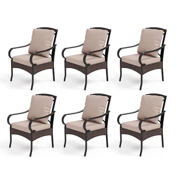 PHI VILLA Metal Frame Patio Dining Chair with Beige Thick Cushions (6-Pack)