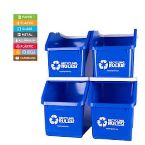 4-Piece 6 Gal. Blue Stackable Recycling Bin Container with Stickers, Mail Back Zero Waste Boxes with Handle